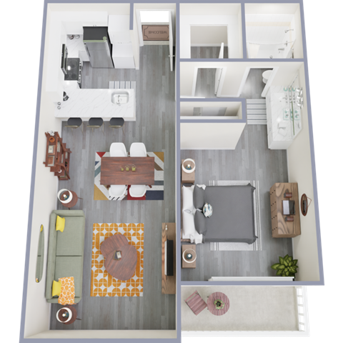 Floor plan for 1 bed, 1 bath, 636 sqft